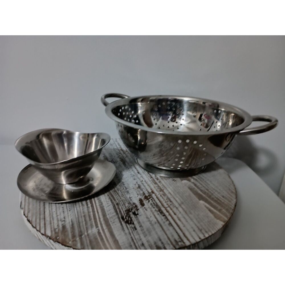 Silver-Plated Colander/Strainer and Stainless Steel Gravy Boat